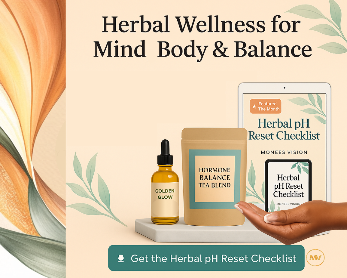 Herbal wellness products and pH reset checklist on a beige background with decorative elements.